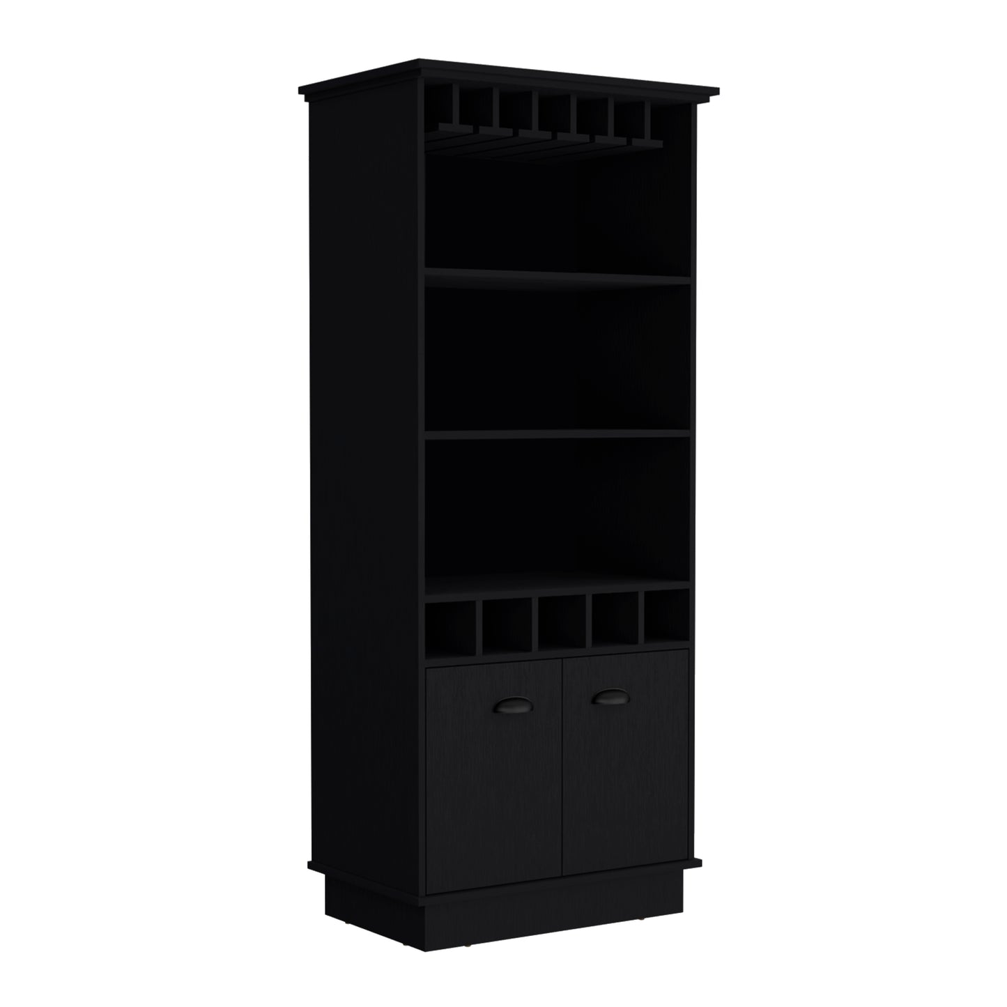 Dundee 70-Inch High 10-Glass Bar Cabinet With 5 Cubbies And 3 Open Shelves And Cabinet