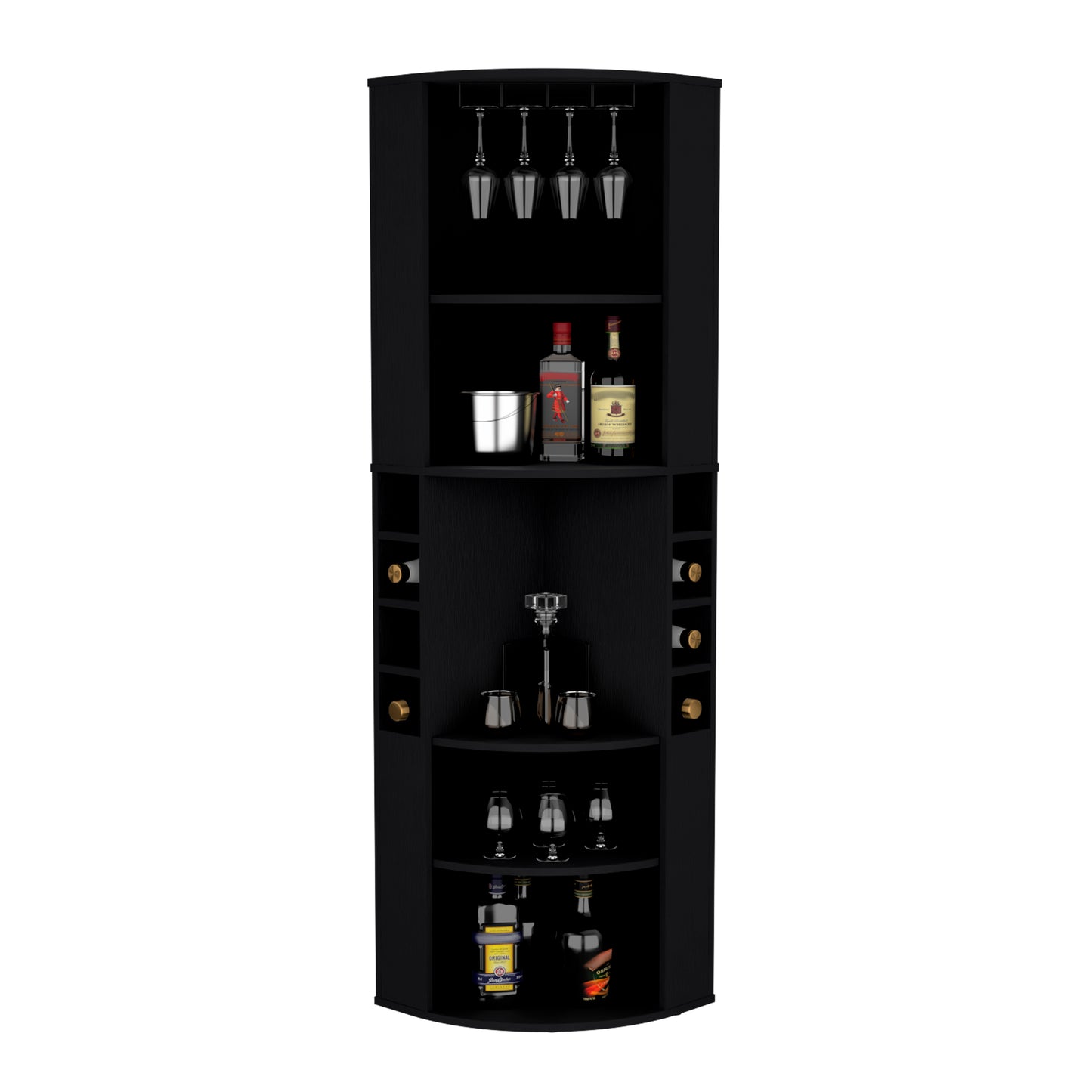 Oban Corner Bar Cabinet with Five Shelves, Eight Bottle Cubbies and Stemware Storage, Space-Saving Full-Corner Design for Home Entertainment, Multi-Level Display and Organized Beverage Storage for Modern Living Spaces