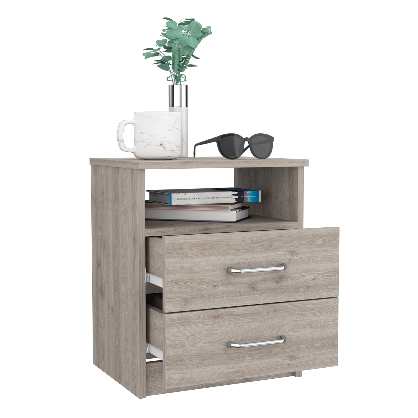 Napoles Nightstand, Modern Bedside Storage With Superior Top Shelf, Two Drawers, One Open Shelf