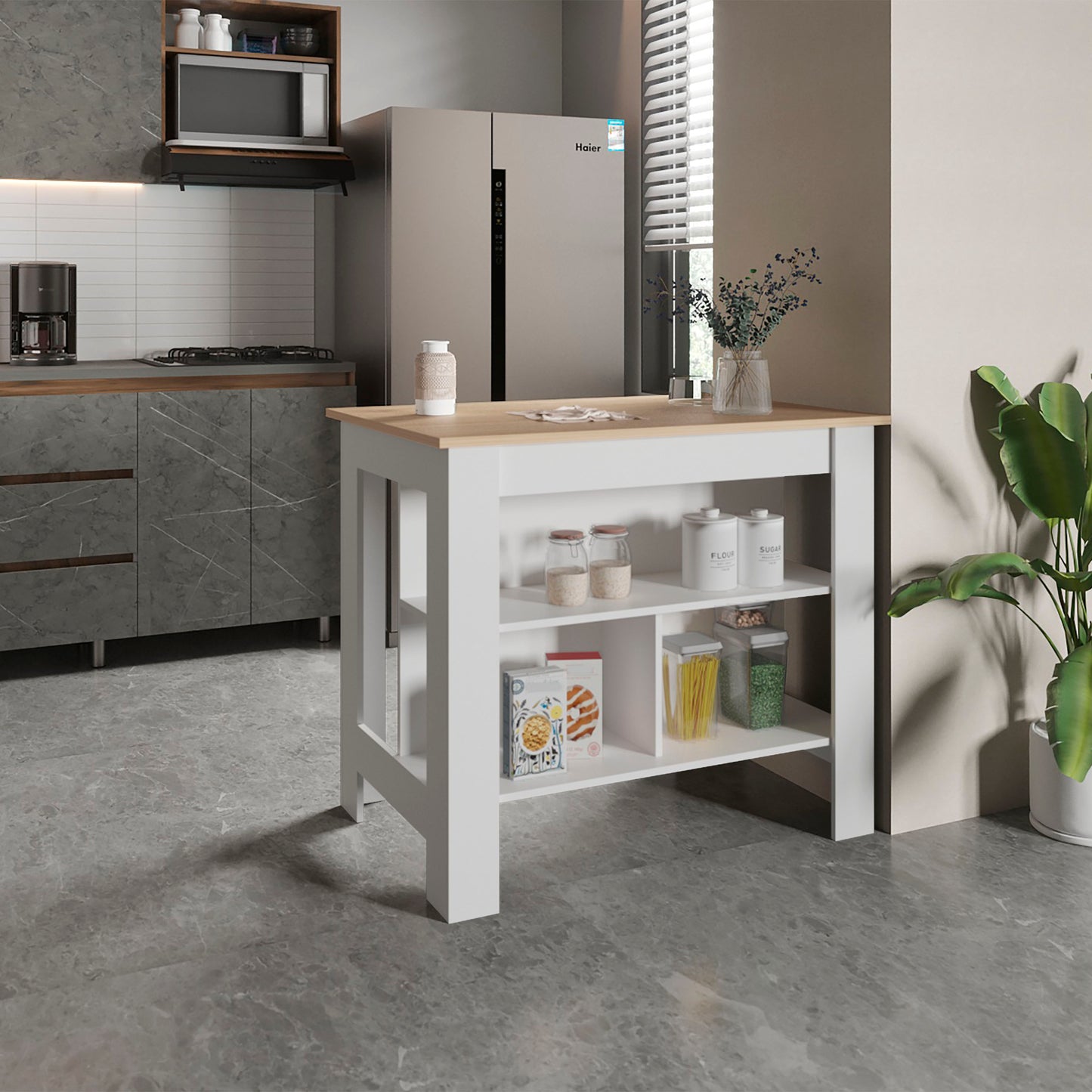 Cortes Kitchen Island with Spacious Cabinet, Open Shelves Display, Towel Rack, and Large Countertop