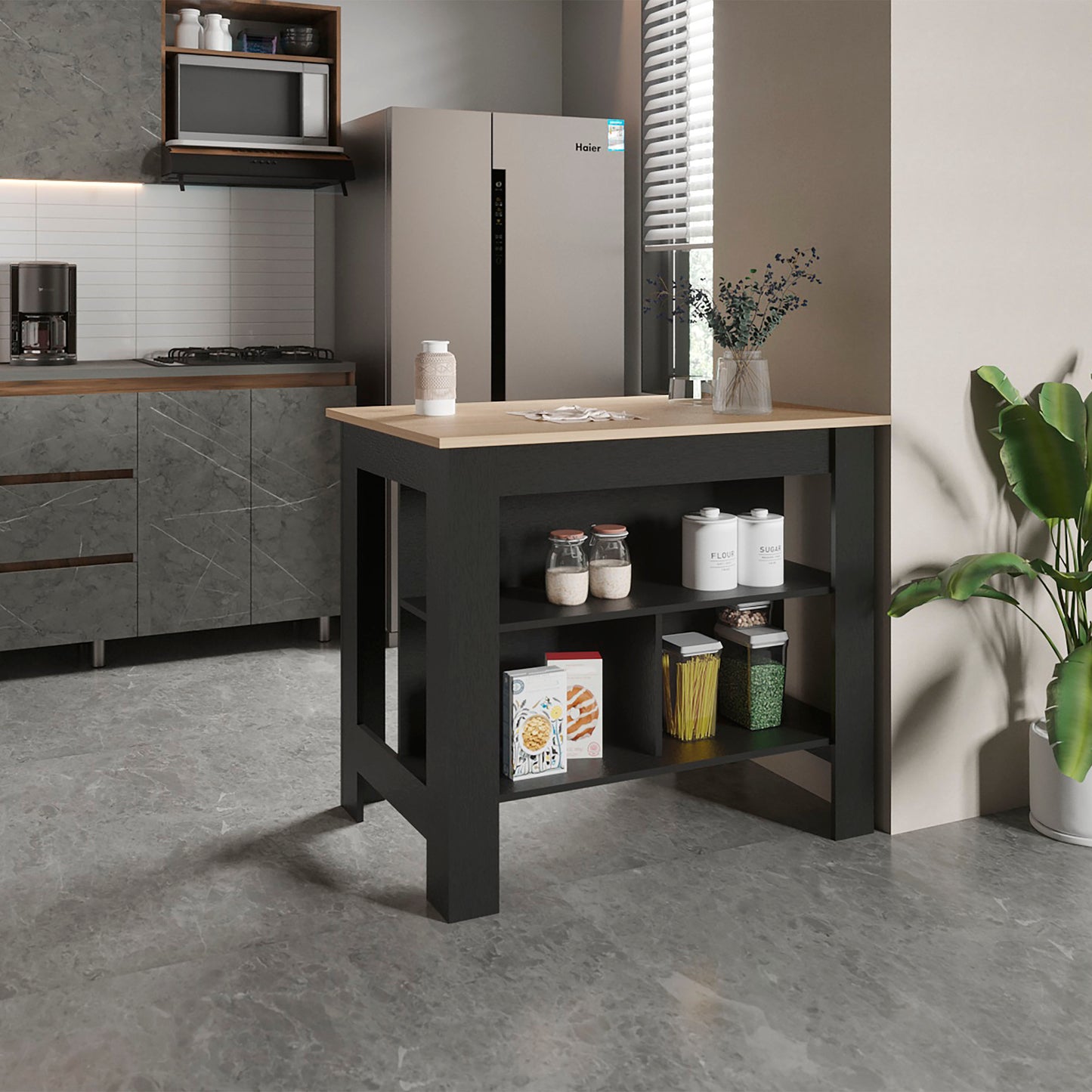 Cortes Kitchen Island with Spacious Cabinet, Open Shelves Display, Towel Rack, and Large Countertop