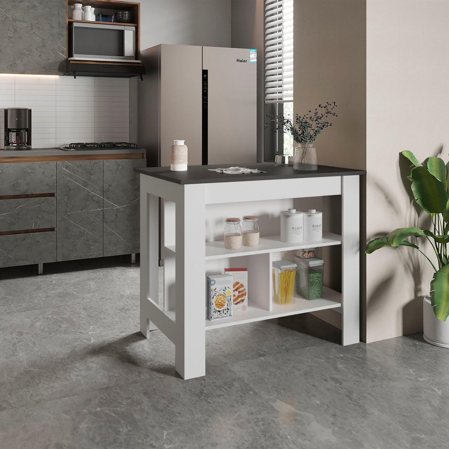 Cortes Kitchen Island with Spacious Cabinet, Open Shelves Display, Towel Rack, and Large Countertop
