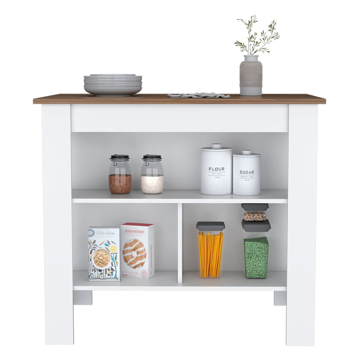Cortes Kitchen Island with Spacious Cabinet, Open Shelves Display, Towel Rack, and Large Countertop
