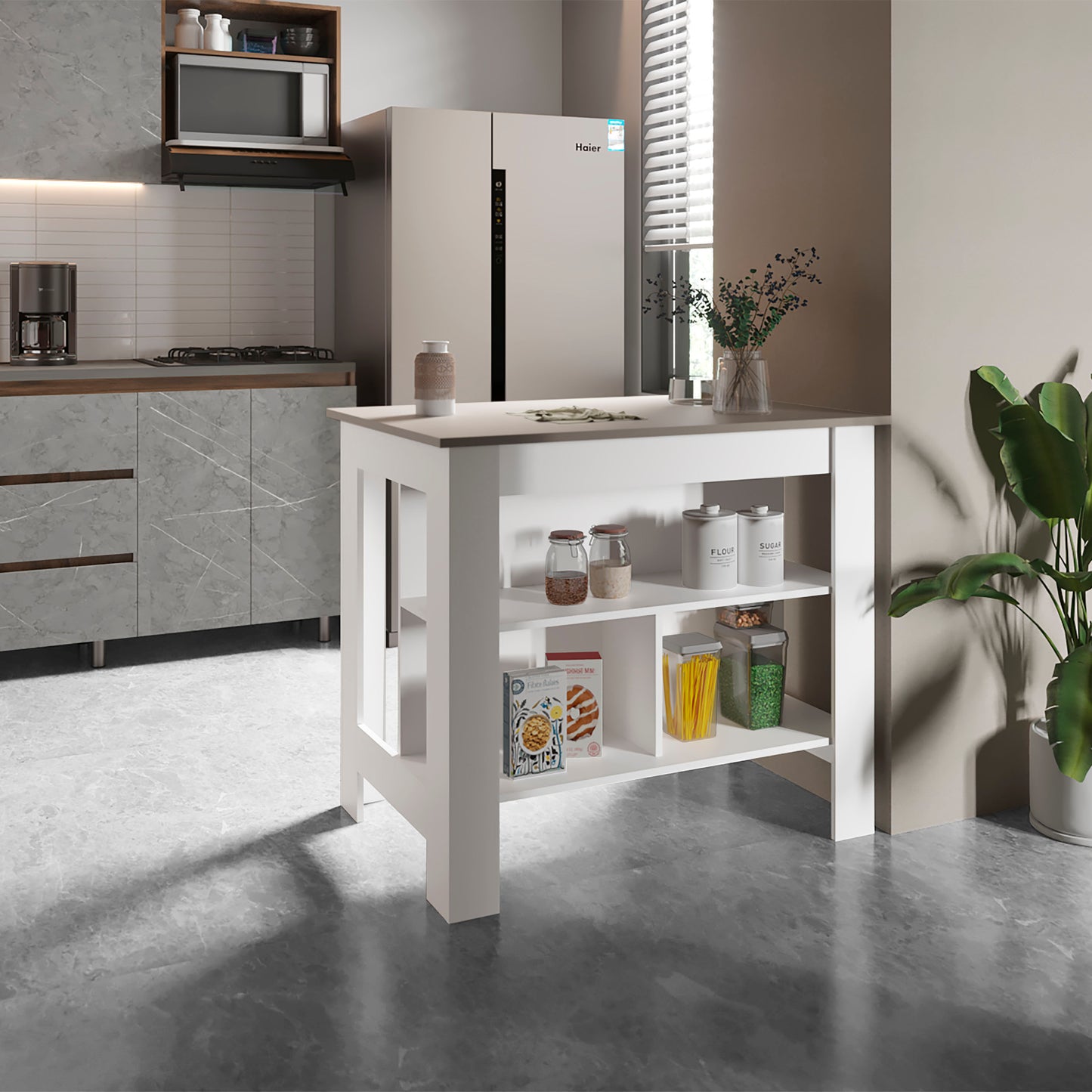Cortes Kitchen Island with Spacious Cabinet, Open Shelves Display, Towel Rack, and Large Countertop