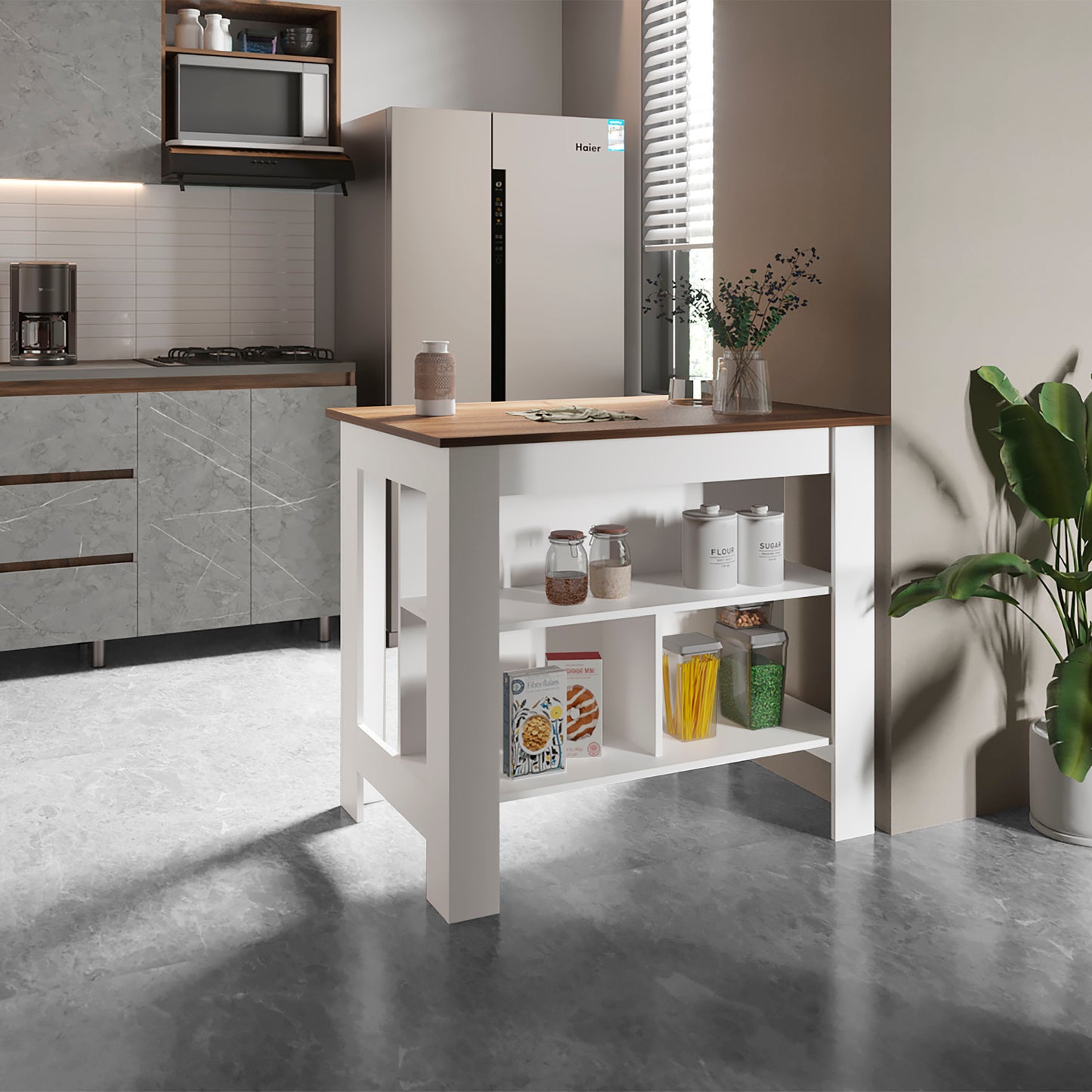 Cortes Kitchen Island with Spacious Cabinet, Open Shelves Display, Towel Rack, and Large Countertop