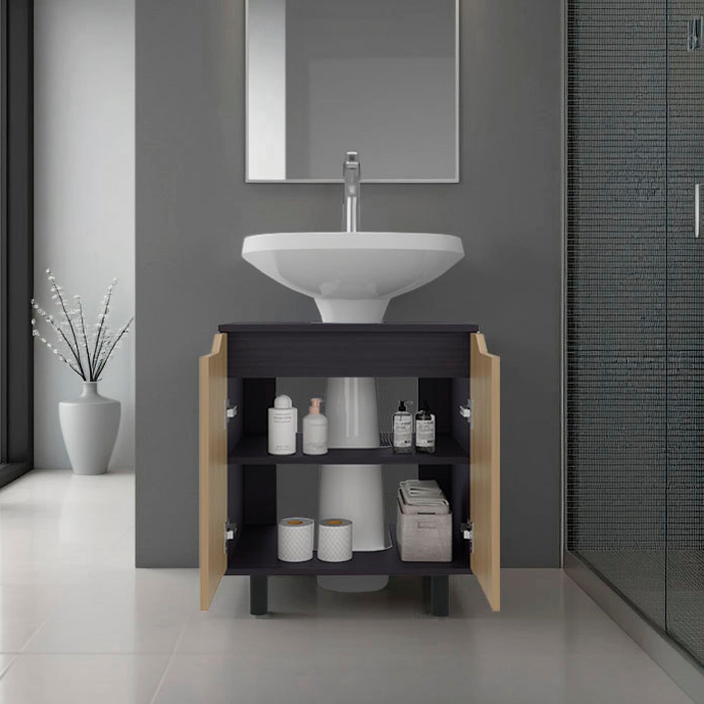 Marlo Under Sink Cabinet with Two Doors and Interior Storage Shelves, Cut-Out Back, 22” Wide Freestanding, Modern Bathroom Storage
