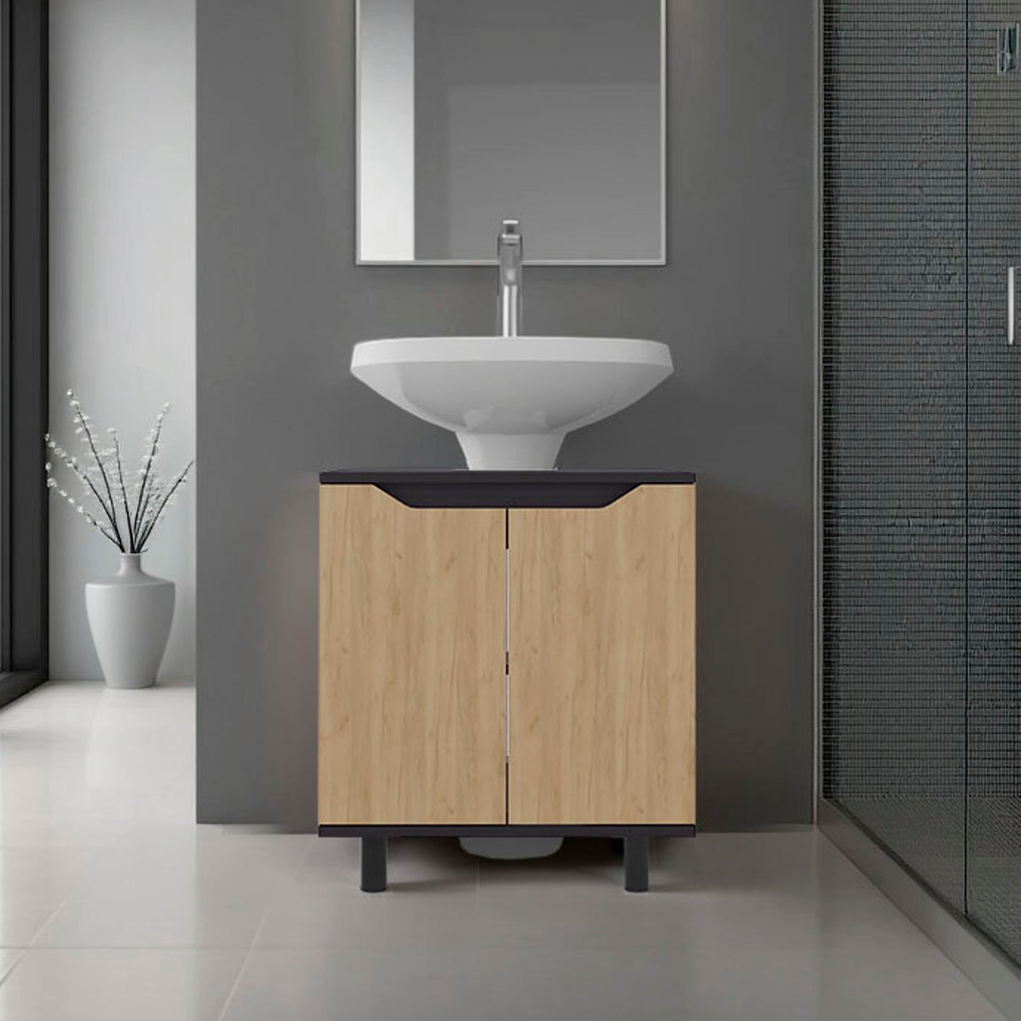 Marlo Under Sink Cabinet with Two Doors and Interior Storage Shelves, Cut-Out Back, 22” Wide Freestanding, Modern Bathroom Storage