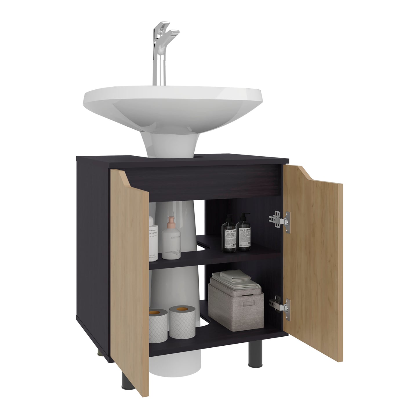 Marlo Under Sink Cabinet with Two Doors and Interior Storage Shelves, Cut-Out Back, 22” Wide Freestanding, Modern Bathroom Storage