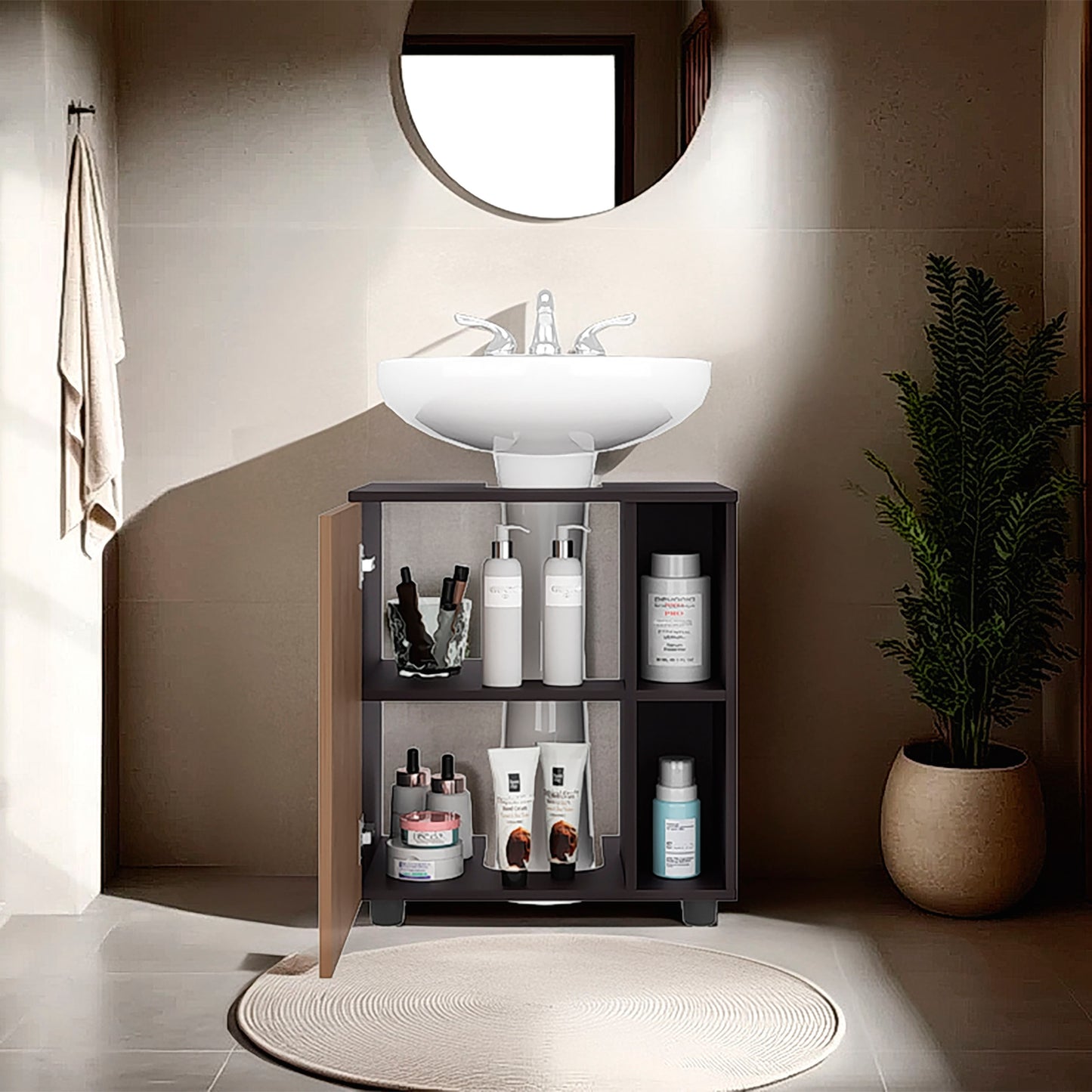 Pascuale Two Side Shelves Under Sink Cabinet with One Doors, Cut-Out Back, Compact 22” Freestanging Bathroom Storage