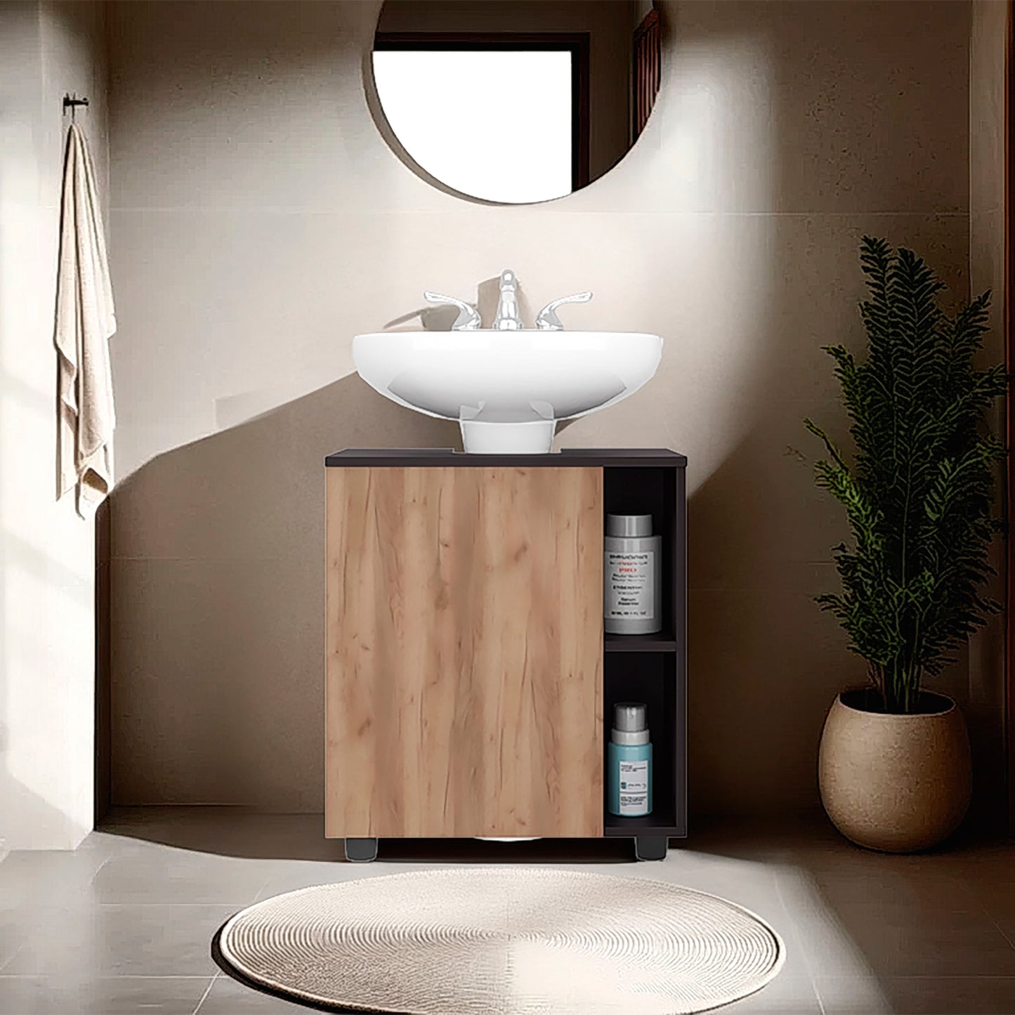 Pascuale Two Side Shelves Under Sink Cabinet with One Doors, Cut-Out Back, Compact 22” Freestanging Bathroom Storage