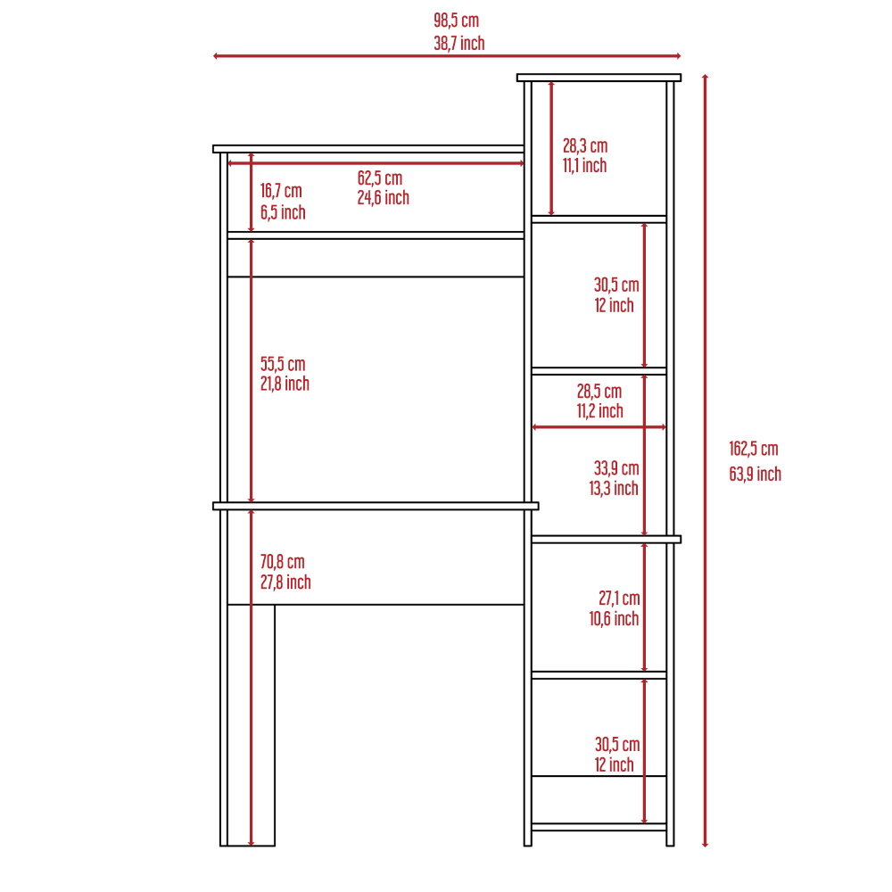 Tuhome Versalles Writing Desk with Two Superior Shelves, Five Side Open Storage Compartments, Space-Saving Modern Workstation Design for Studios and Offices, Ideal for Organization, Books, Accessories and Daily Productivity