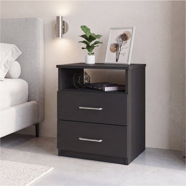Tuhome Napoles Nightstand in Black with Two Drawers and Open Compartment, Modern Design for Bedroom or Living Room Storage