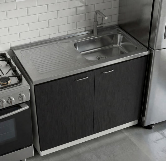 TUHOME Napoles Utility Sink Cabinet with Integrated Steel Sink, Double Door Storage, Interior Shelf and Durable Aluminum Countertop Offering Practical Organization and Functional Workspace for Modern Home Kitchens