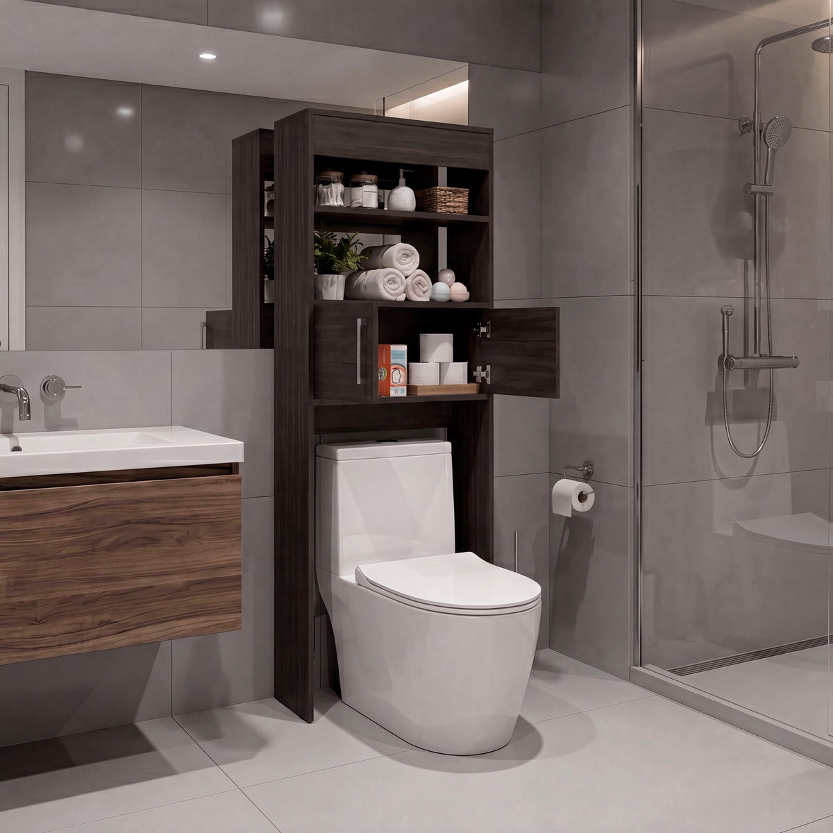 TUHOME Madrid Over The Toilet Cabinet with Double Door Storage, Two Spacious Shelves, Space-Saving Bathroom Organizer for Toiletries, Towels and Essentials, Modern Freestanding Design.