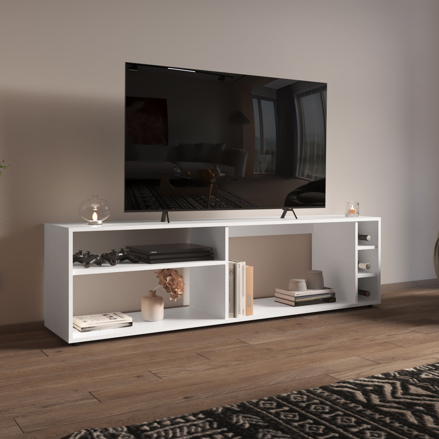 Suxta 63" Wide TV Stand with Bottle Cubbies White