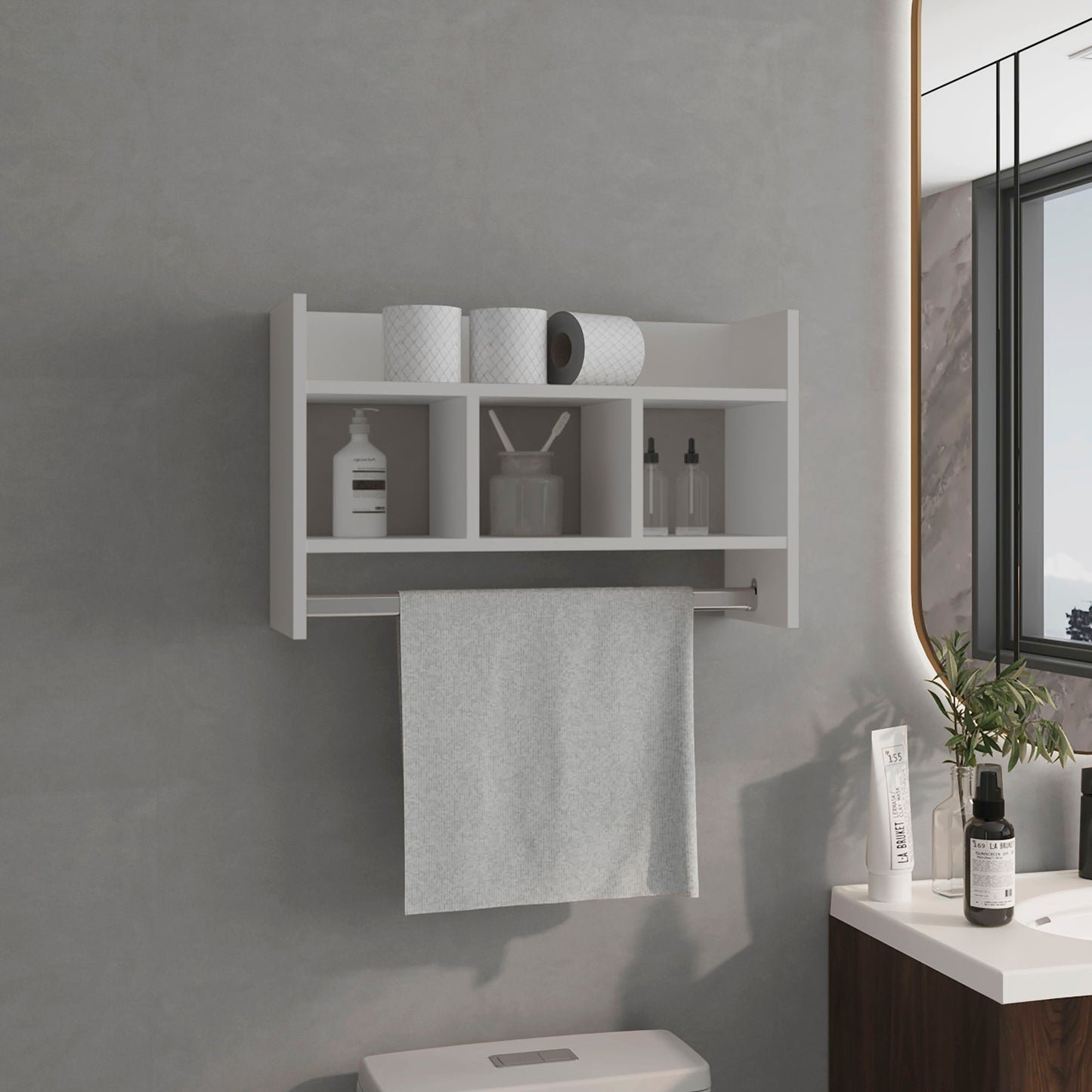 Starke Bathroom Wall Shelf with Towel Bar, Compact Storage With A Wide Upper Shelf, Three Comapct Middle Shelves and Towel Holder for Bathroom Organizer