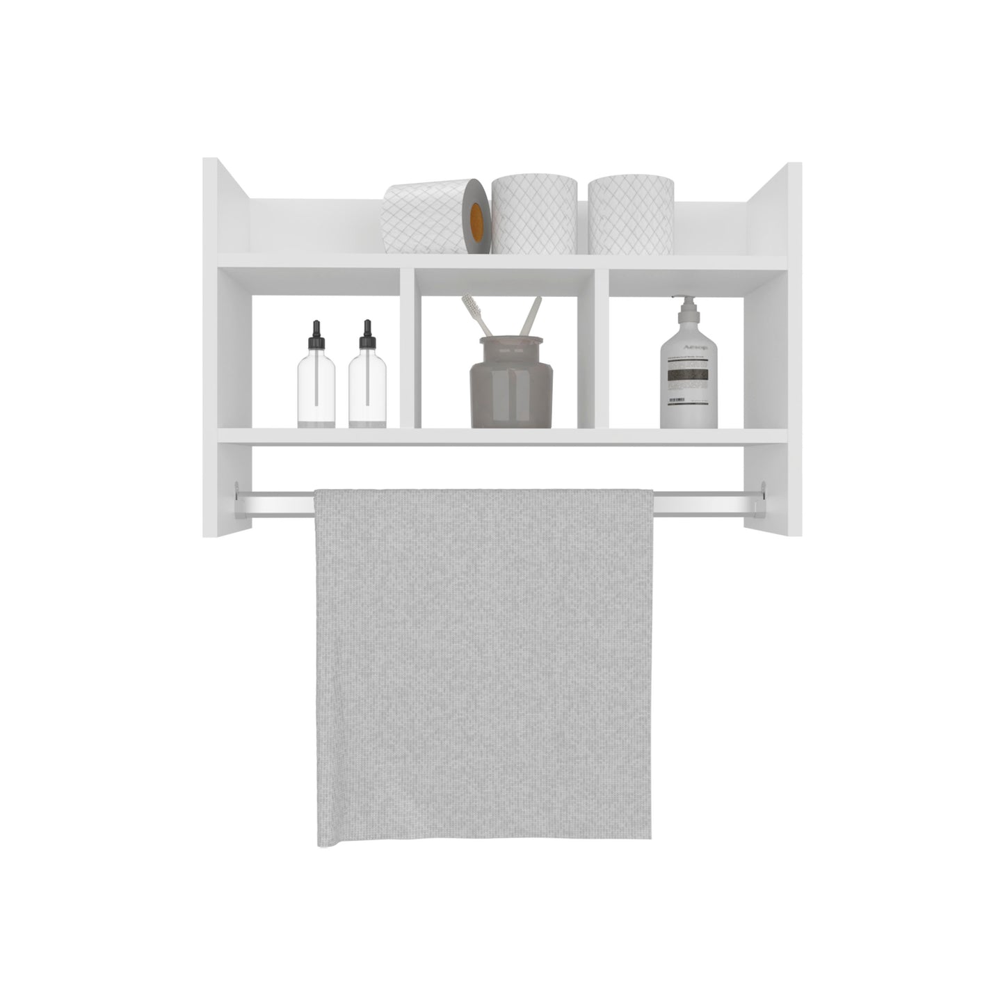 Starke Bathroom Wall Shelf with Towel Bar, Compact Storage With A Wide Upper Shelf, Three Comapct Middle Shelves and Towel Holder for Bathroom Organizer
