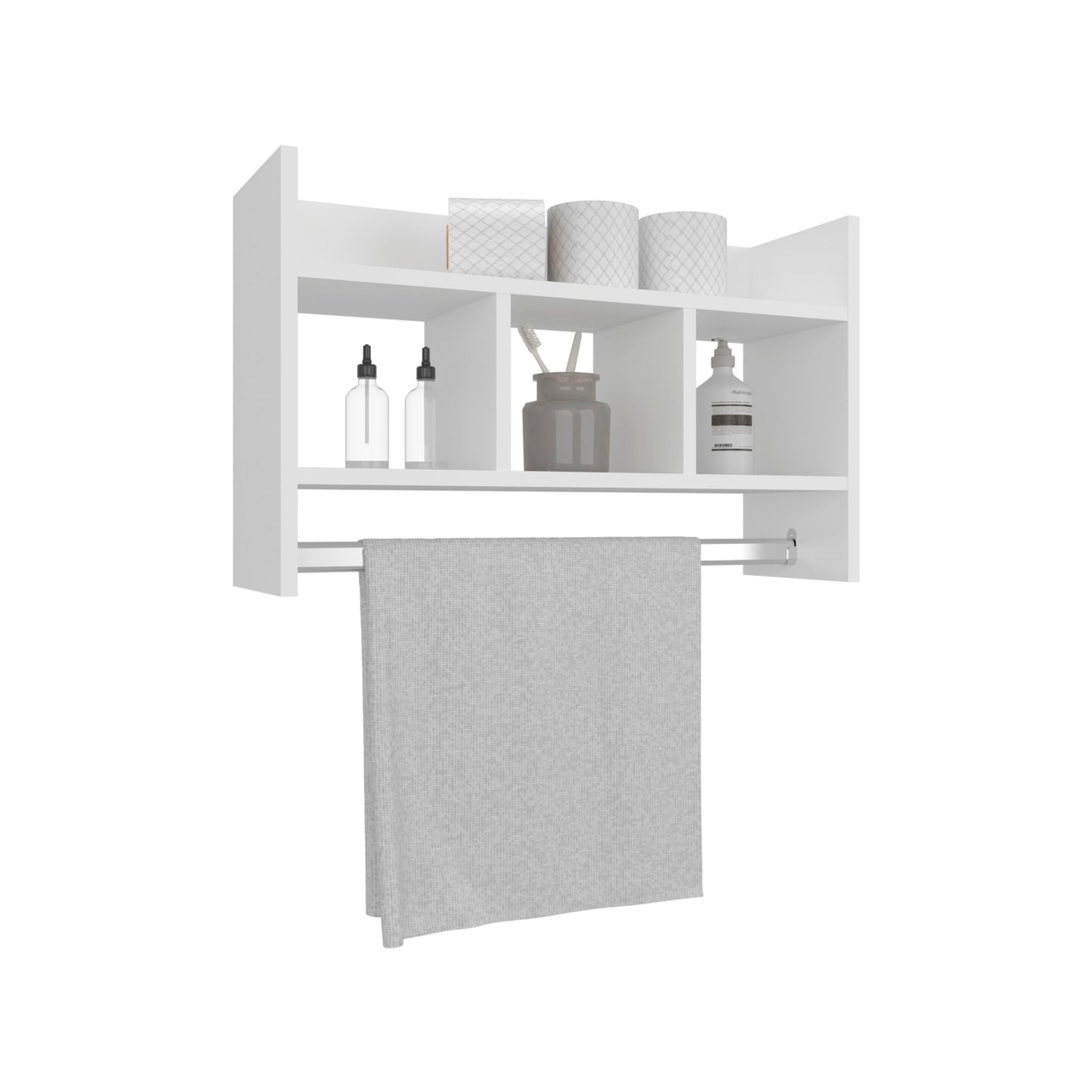 Starke Bathroom Wall Shelf with Towel Bar, Compact Storage With A Wide Upper Shelf, Three Comapct Middle Shelves and Towel Holder for Bathroom Organizer