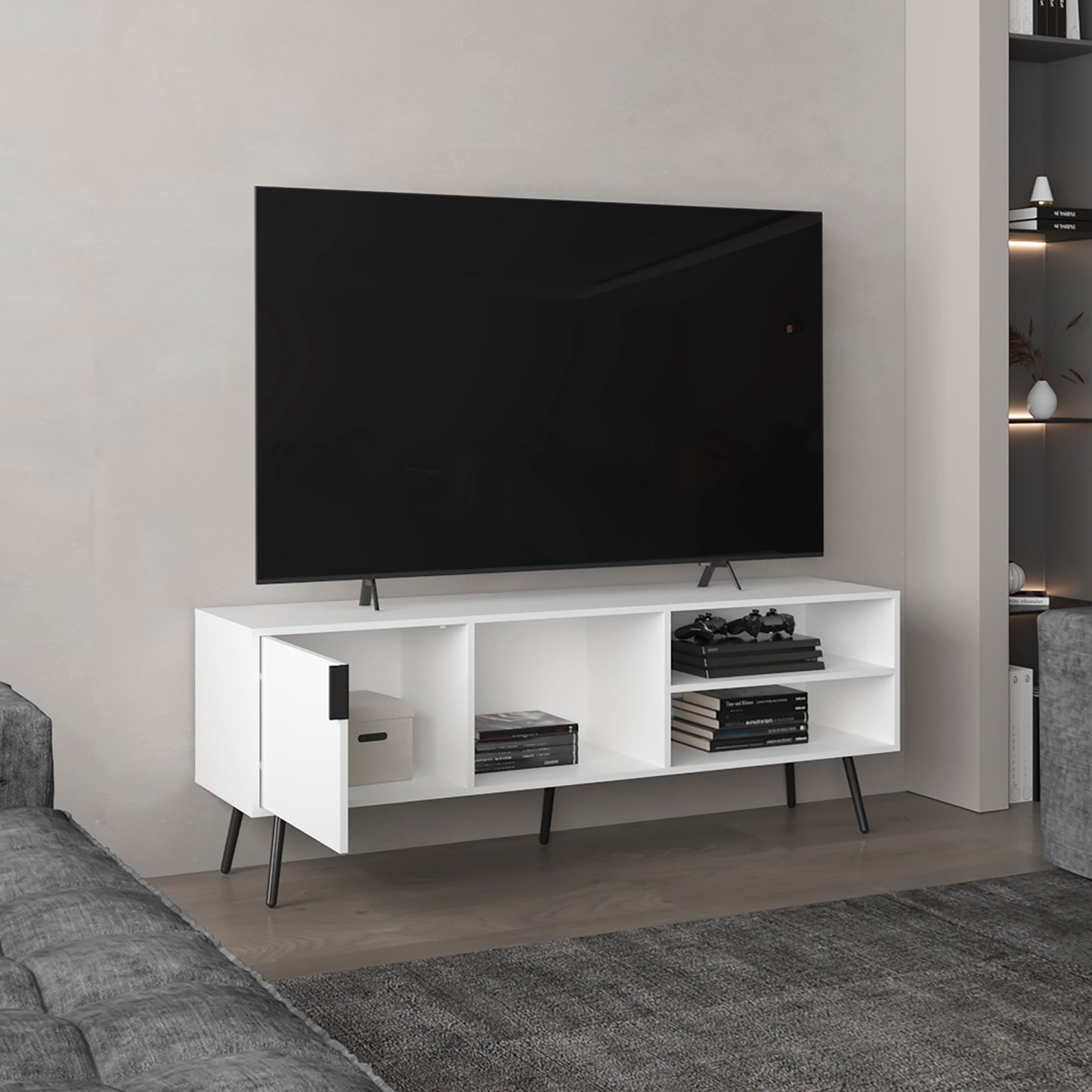 Vulcan 63" Wide Tv Stand with One Cabinet, Three Open Shelves, Cable Management, Living Room, Tv Room