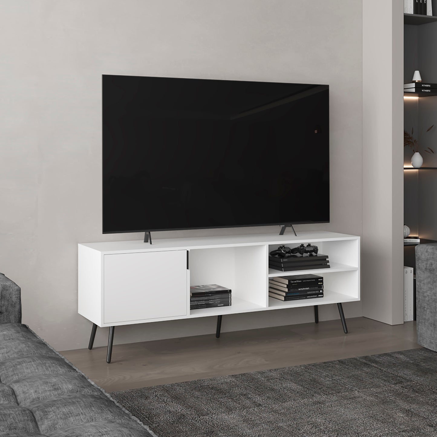 Vulcan 63" Wide Tv Stand with One Cabinet, Three Open Shelves, Cable Management, Living Room, Tv Room