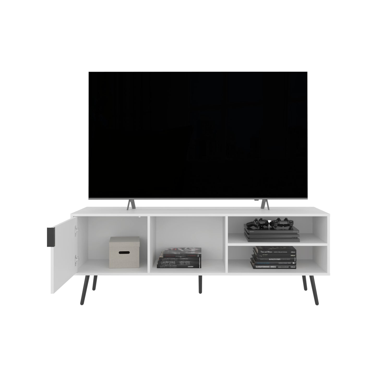 Vulcan 63" Wide Tv Stand with One Cabinet, Three Open Shelves, Cable Management, Living Room, Tv Room
