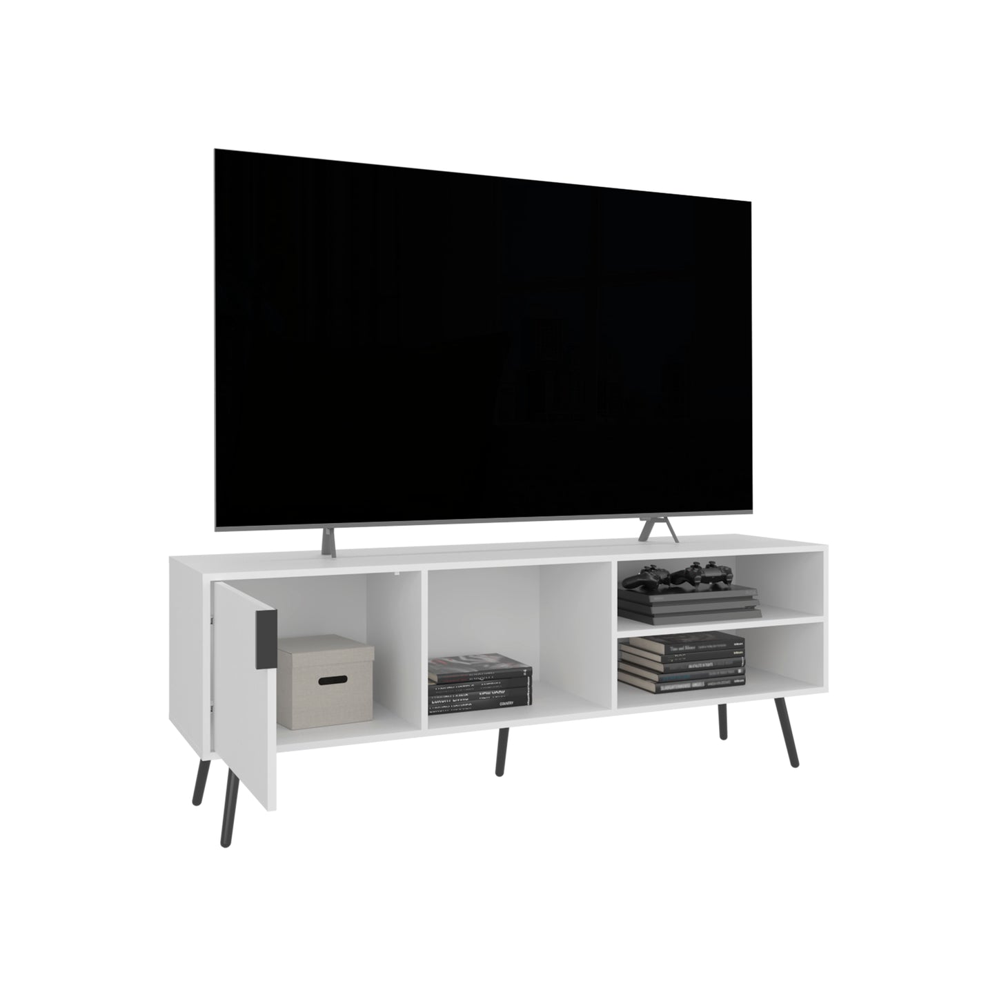 Vulcan 63" Wide Tv Stand with One Cabinet, Three Open Shelves, Cable Management, Living Room, Tv Room