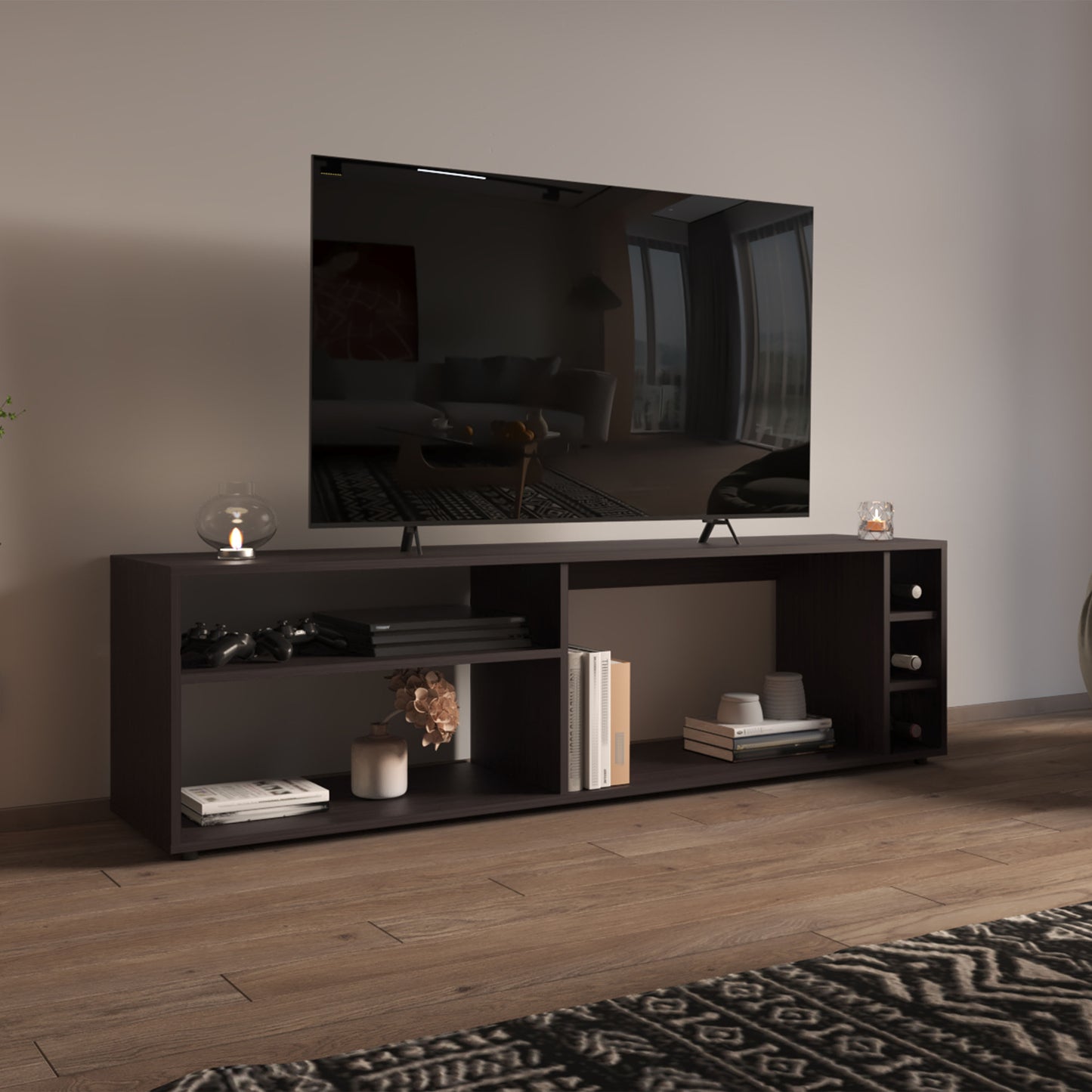 Suxta 63" Wide TV Stand with Bottle Cubbies White