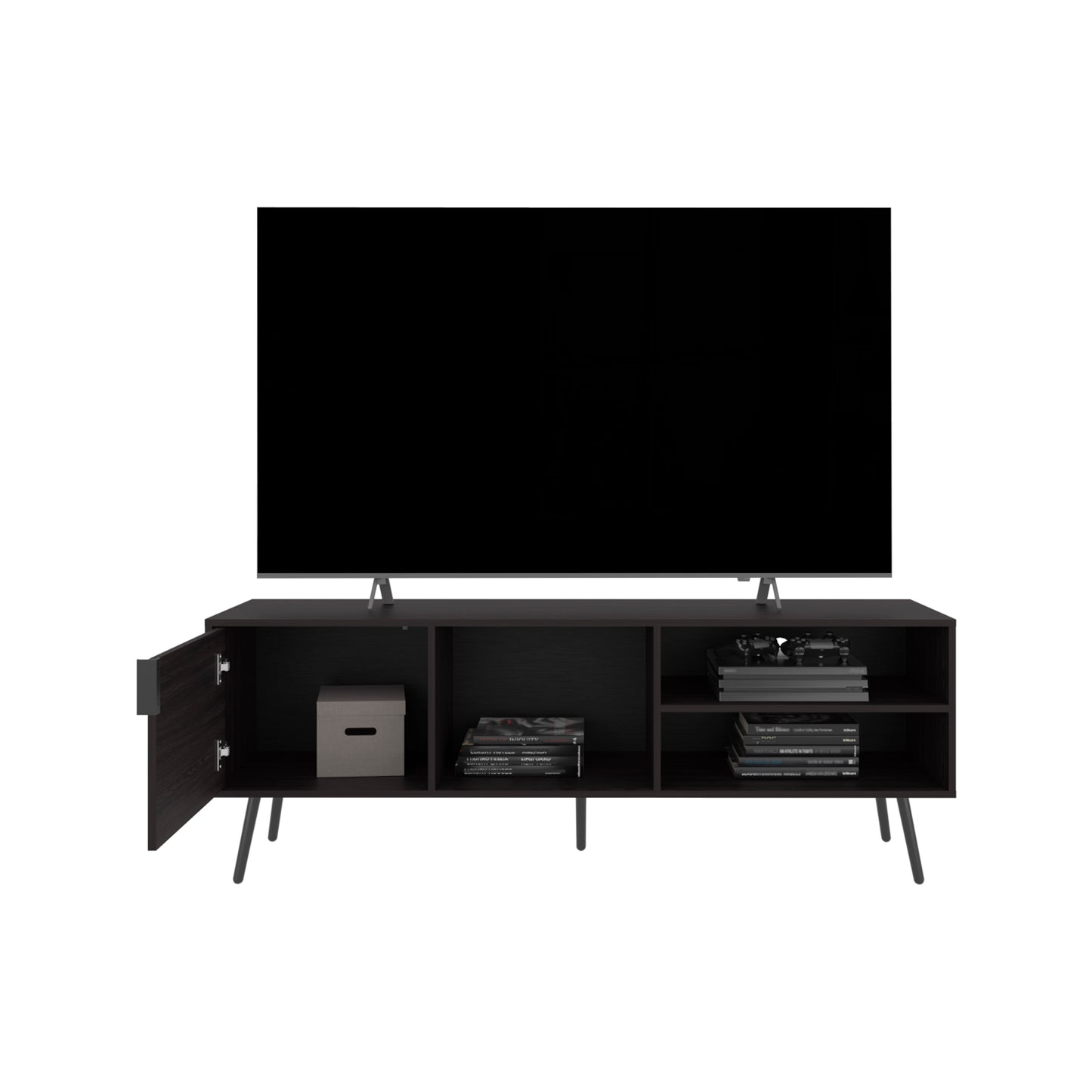 Vulcan 63" Wide Tv Stand with One Cabinet, Three Open Shelves, Cable Management, Living Room, Tv Room