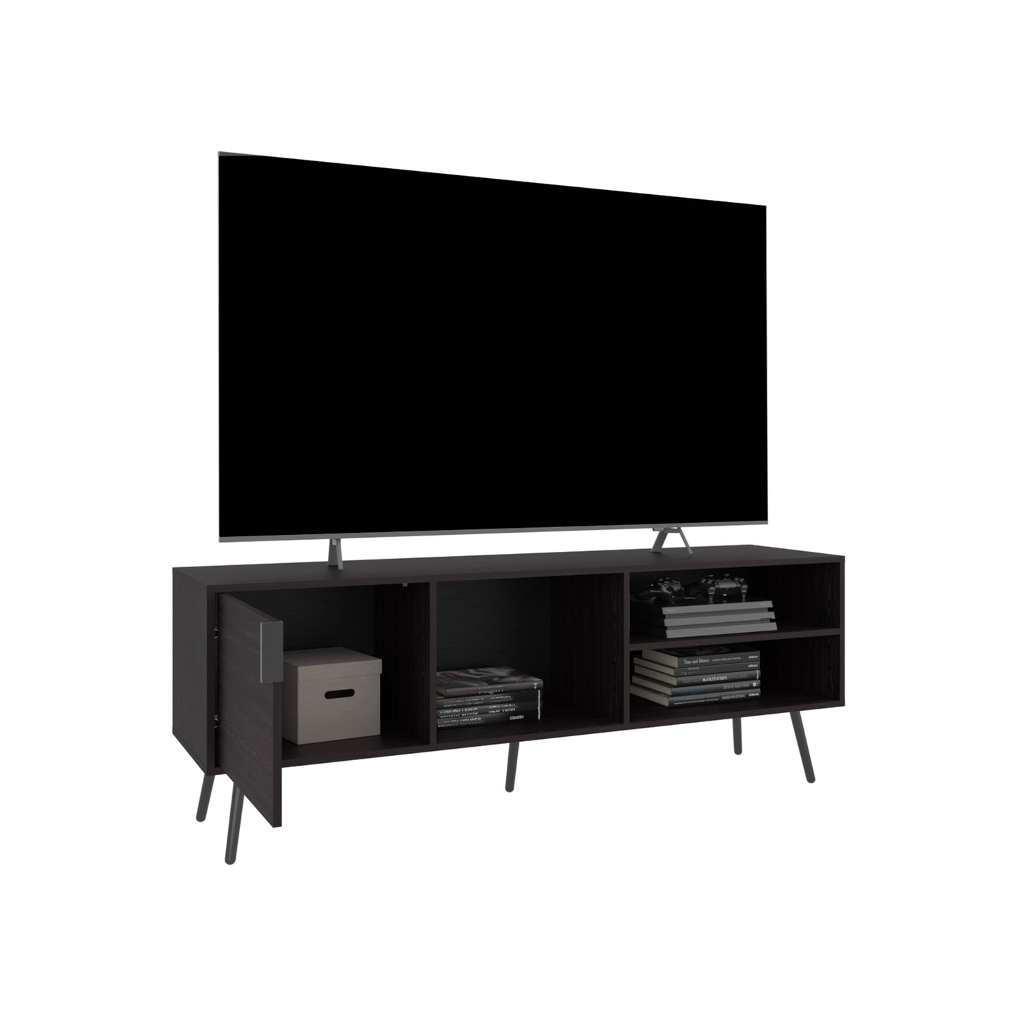 Vulcan 63" Wide Tv Stand with One Cabinet, Three Open Shelves, Cable Management, Living Room, Tv Room