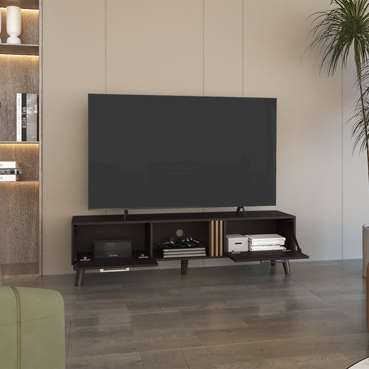 Vance 63" Wide Tv Stand  with Two pull down Cabinets, Two Shelves, Cable Management , Living Room, Tv Room Black Wengue - Light Oak