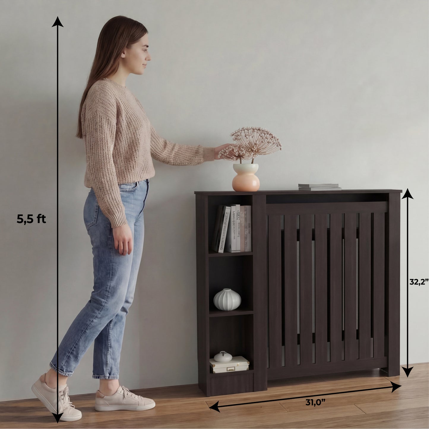 Radiator Cover Cabinet Joseph with Slatted Frame and 3 Shelves, Decorative Heater Cover, Modern Furniture Accent for Living Rooms, Hallways, and Bedrooms, Space-Saving Storage Solution