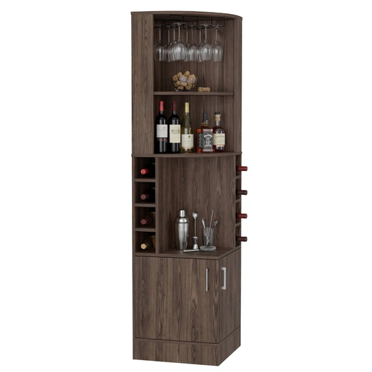 Tuhome Syrah Corner Bar Cabinet with Two External Shelves, Stemware Rack, Eight Cubbies, Modern Design for Living Room or Home Bar