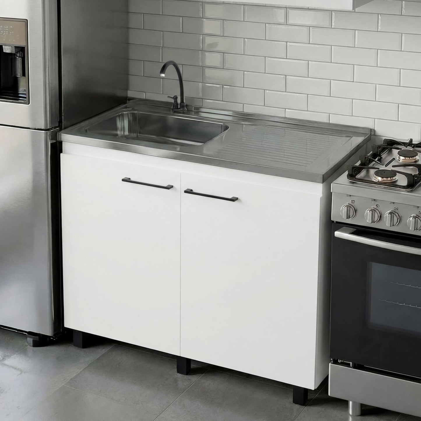 Tuhome Napoles Utility Sink with Cabinet, Stainless Steel Countertop, Interior Storage Shelf, Wide Dual-Door Base Cabinet, Modern Multi-Purpose Laundry and Kitchen Utility Station for Home Organization