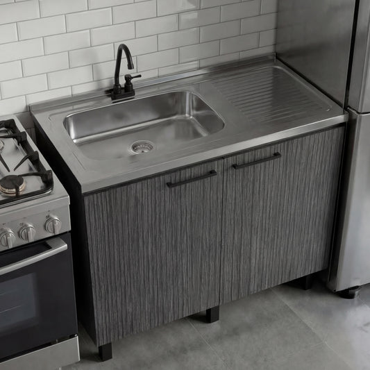 Napoles Utility Sink with Faucet Inclued and Integrated Steel Counter top, Freestanding cabinet with two doors, Metal Handles and Two interior shelves.