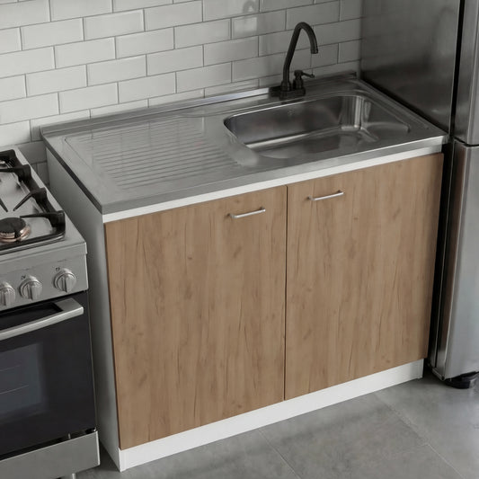 Napoles Utility Sink with Faucet Inclued and Integrated Steel Counter top, Freestanding cabinet with two doors, Metal Handles and Two interior shelves.
