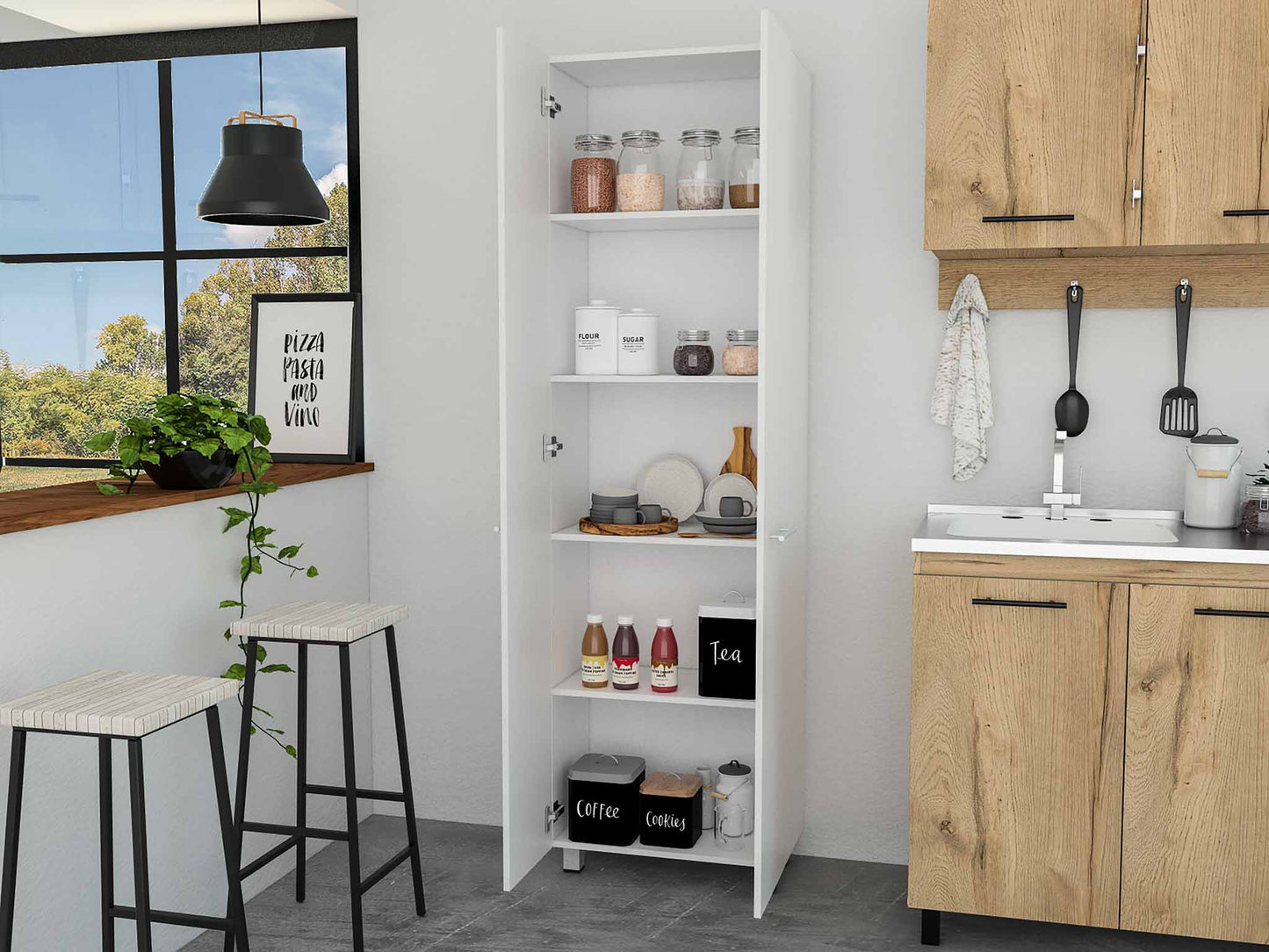 Baleare Pantry Cabinet, Five Interior Shelves, Four Legs