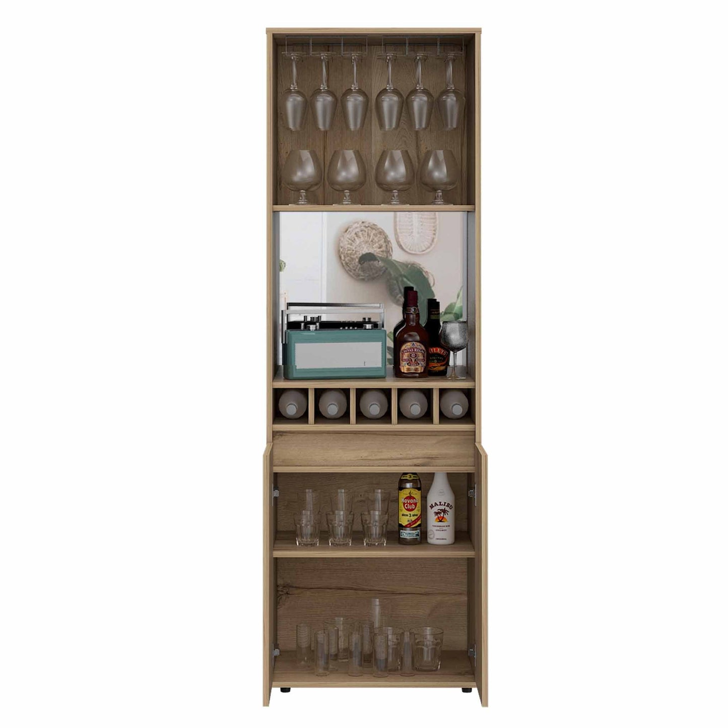 Prana Bar Cabinet, Two Shelves, Five Wine Cubbies, Double Door