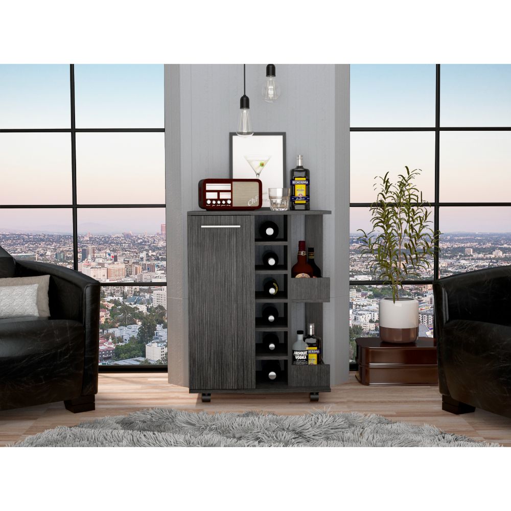 Bar Cart, Two External Shelves, Four Casters, Six Wine Cubbies, Single Door Cabinet
