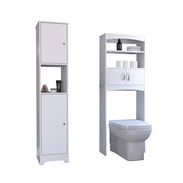 TUHOME Oakland 2-Piece Bathroom Set with Tall Storage Cabinet and Multi-Shelf Organizer, Modern Space-Saving Bathroom Furniture for Toiletries, Towels and Essentials, 67.79"H x 14.37"W x 16.04"D, White