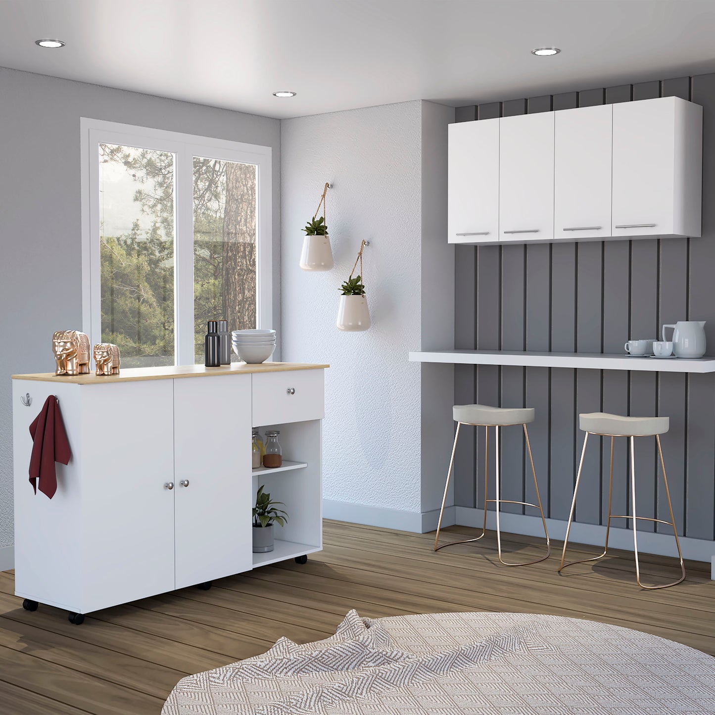 Malibu 2 Piece Kitchen Set, Kitchen Island + Wall Cabinet, White / Light Oak Finish