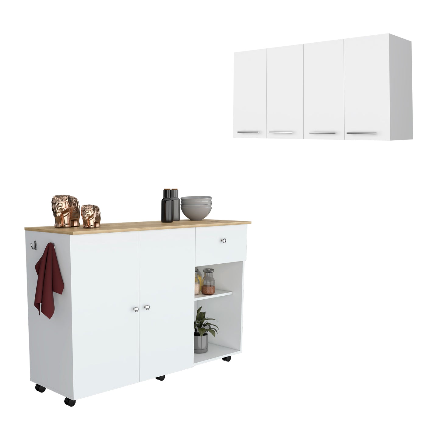 Malibu 2 Piece Kitchen Set, Kitchen Island + Wall Cabinet, White / Light Oak Finish