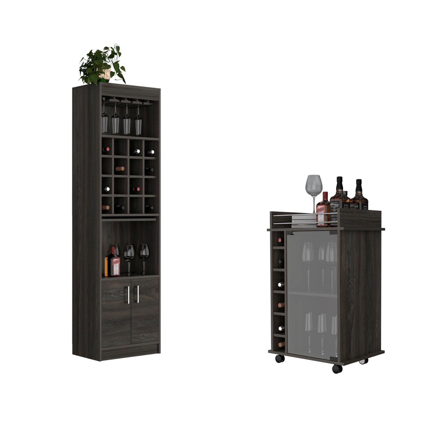 Dothan 2 Piece Living Room Set, Bar Cabinet + Bar Cart, Carbon Espresso Finish
