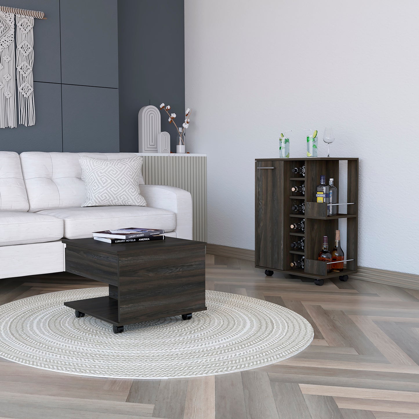 Inwood 2 Piece Living Room Set, Bar Cart + Coffee Table, Carbon Espresso Finish