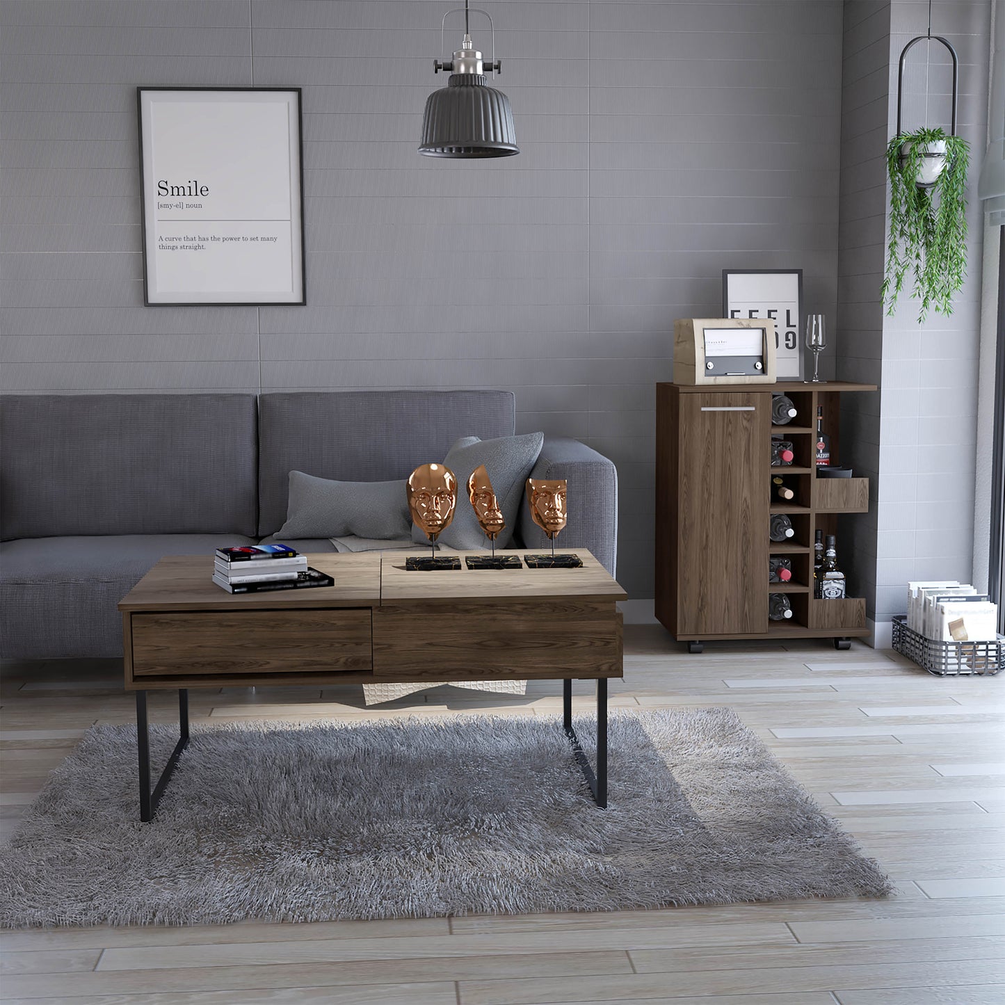 Murphys 2 Piece Living Room Set, Bar Cart + Coffee Table, Dark Walnut Finish