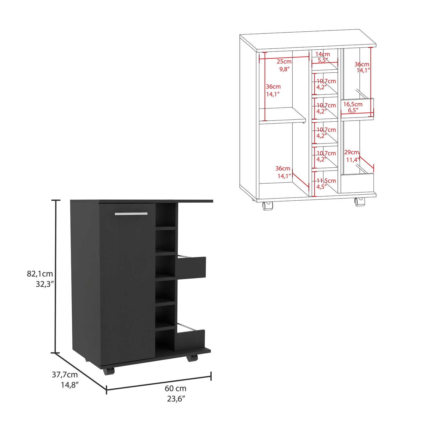 Vassel 2 Piece Living Room Set, Bar Cart + Coffee Table