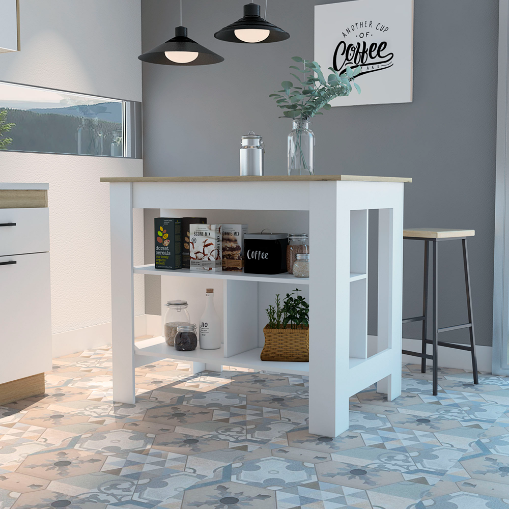 Cala Modern Kitchen Island, With Three Open Shelves Display for Kitchen Storage, And One Top Shelf