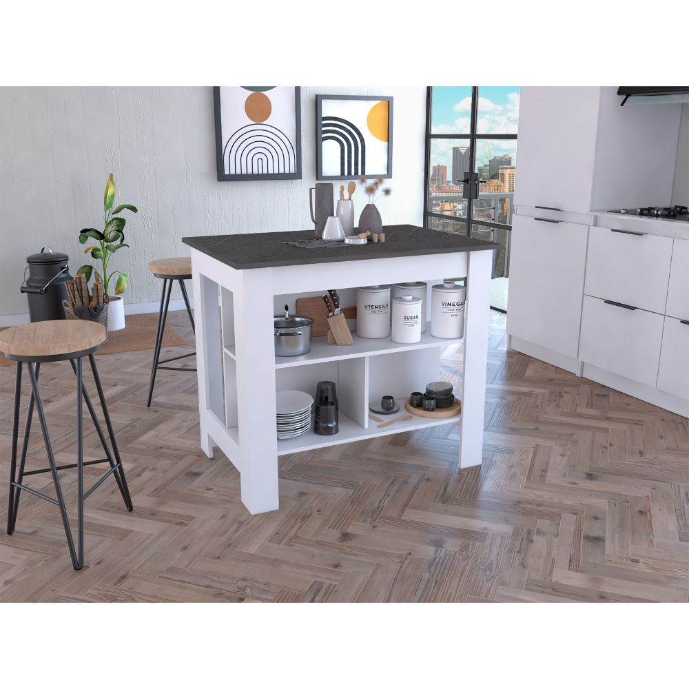 Cala Modern Kitchen Island, With Three Open Shelves Display for Kitchen Storage, And One Top Shelf