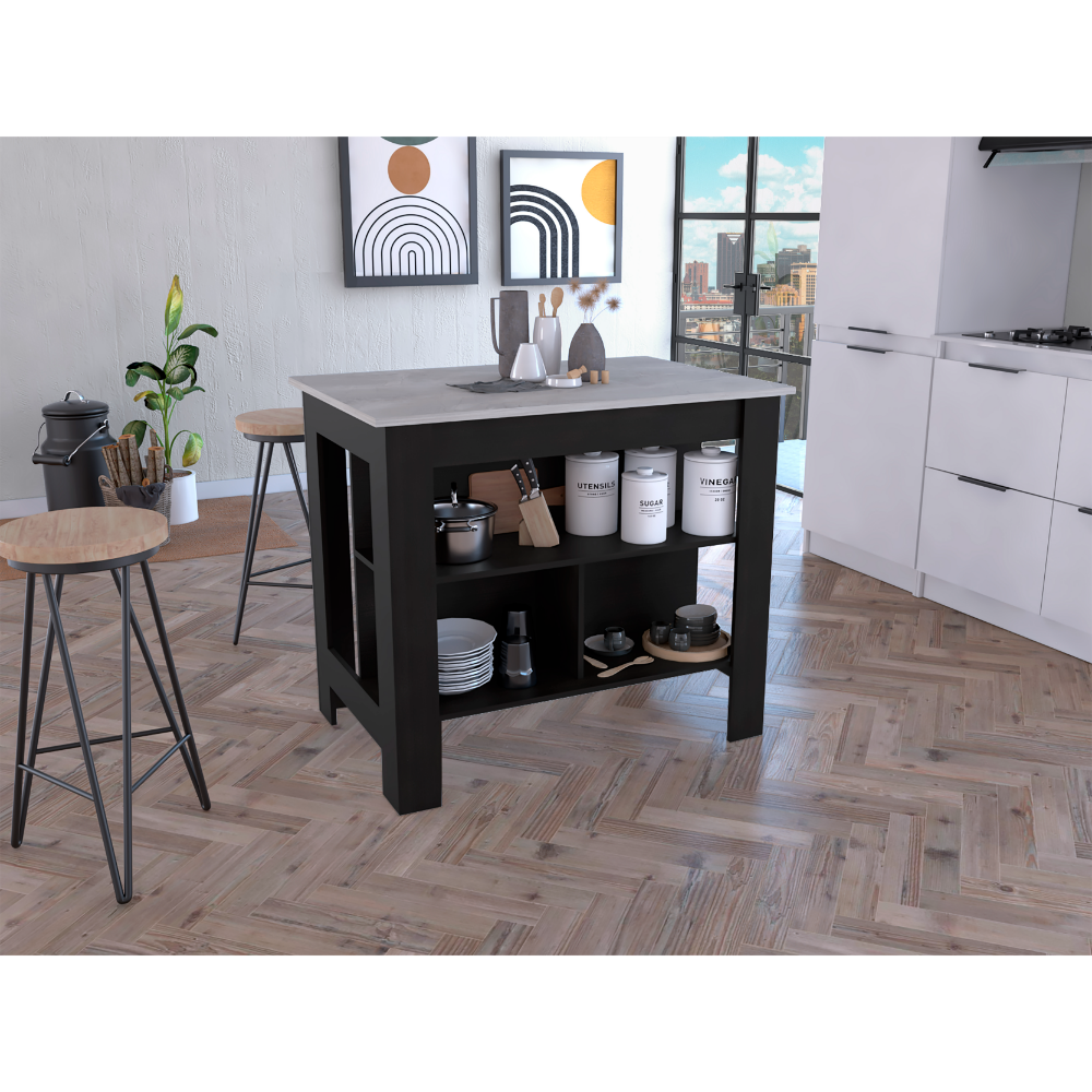 Cala Modern Kitchen Island, With Three Open Shelves Display for Kitchen Storage, And One Top Shelf