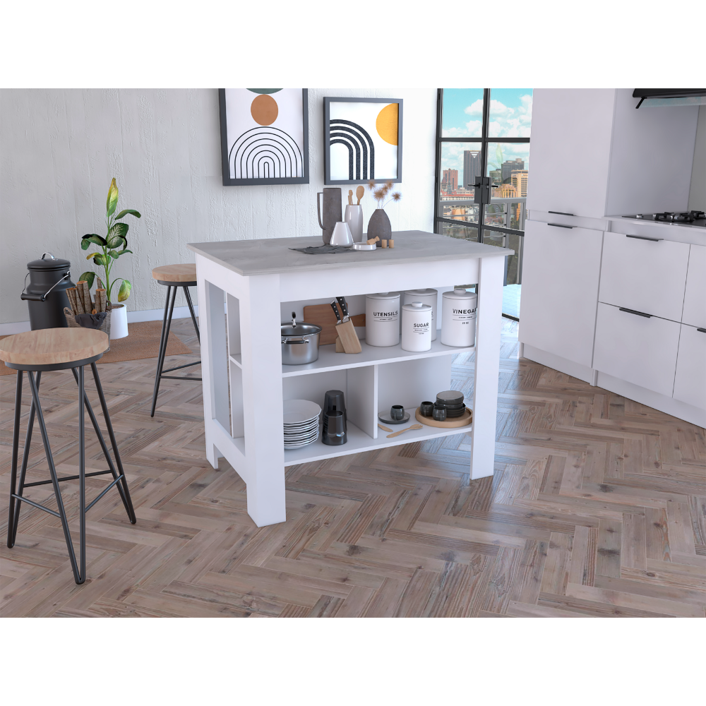 Cala Modern Kitchen Island, With Three Open Shelves Display for Kitchen Storage, And One Top Shelf