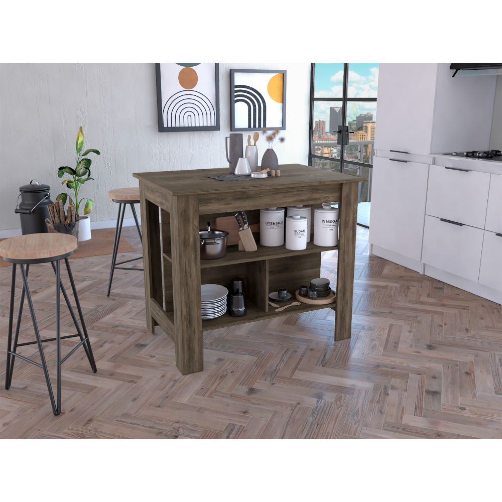 Cala Modern Kitchen Island, With Three Open Shelves Display for Kitchen Storage, And One Top Shelf